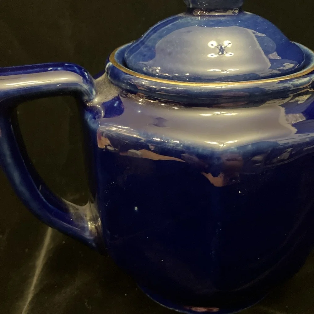 Cobalt Blue Porcelain Tea Pot Gold Trim Peacock Coffee Teapot Taiwan 4.5” W/ Lid
